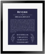 Reverie name meaning gift print in navy blue with black matte frame