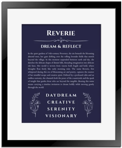 Reverie name meaning gift print in navy blue with black matte frame