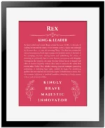 Rex personalized name meaning print in red with black matte frame