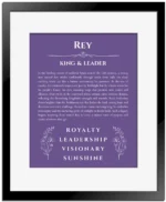 Rey custom name print for wall display in purple with black matte frame