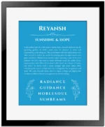 Reyansh personalized name art with origin story in blue with black matte frame