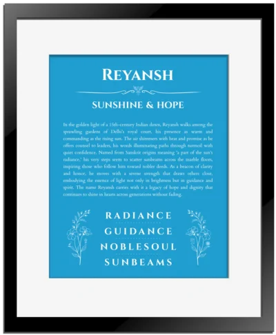 Reyansh personalized name art with origin story in blue with black matte frame