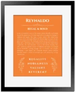 Reynaldo personalized wall art with the story of your name in orange with black matte frame