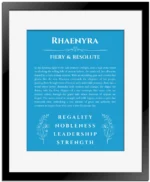 Rhaenyra name meaning wall art by Get Your Story in blue with black matte frame