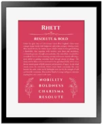 Rhett personalized name print with origin and traits in red with black matte frame