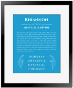 Rhiannon custom name print for wall display in blue with black matte frame