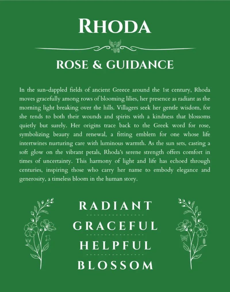 Rhoda custom name art showing meaning and origin in dark green