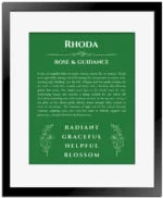 Rhoda custom name art showing meaning and origin in dark green with black matte frame