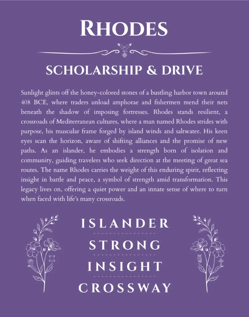 Rhodes personalized name print with origin and traits in purple