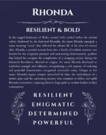 Rhonda name origin print with meaning and traits in navy blue