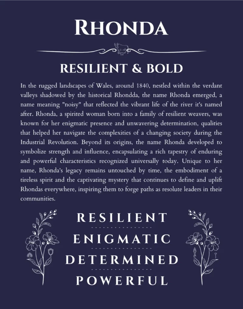 Rhonda name origin print with meaning and traits in navy blue