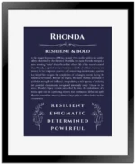 Rhonda name origin print with meaning and traits in navy blue with black matte frame