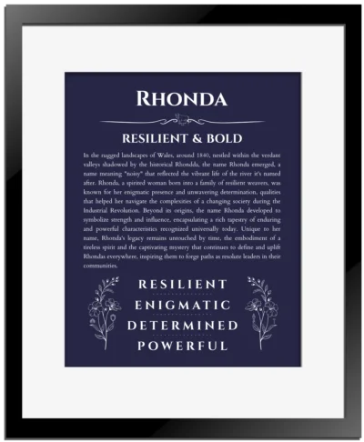 Rhonda name origin print with meaning and traits in navy blue with black matte frame