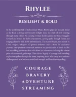 Rhylee name origin print with meaning and traits in purple