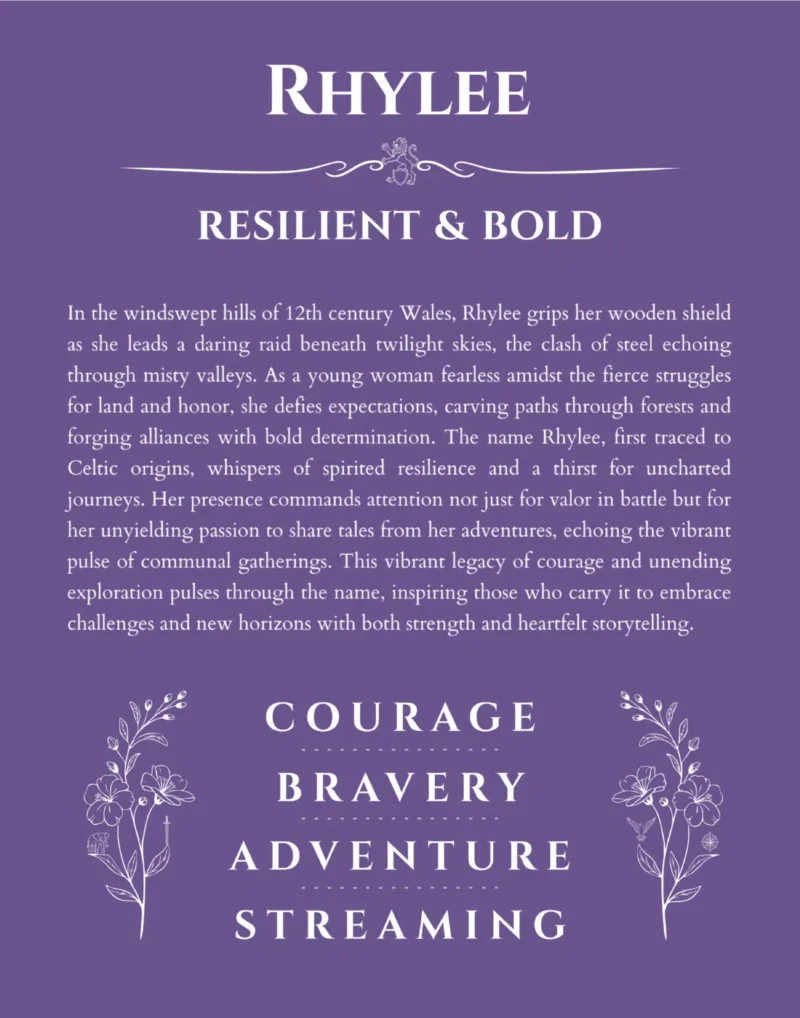 Rhylee name origin print with meaning and traits in purple