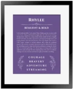 Rhylee name origin print with meaning and traits in purple with black matte frame