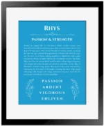 Rhys personalized wall art with the story of your name in blue with black matte frame