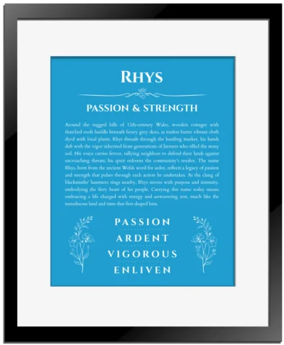 Rhys personalized wall art with the story of your name in blue with black matte frame