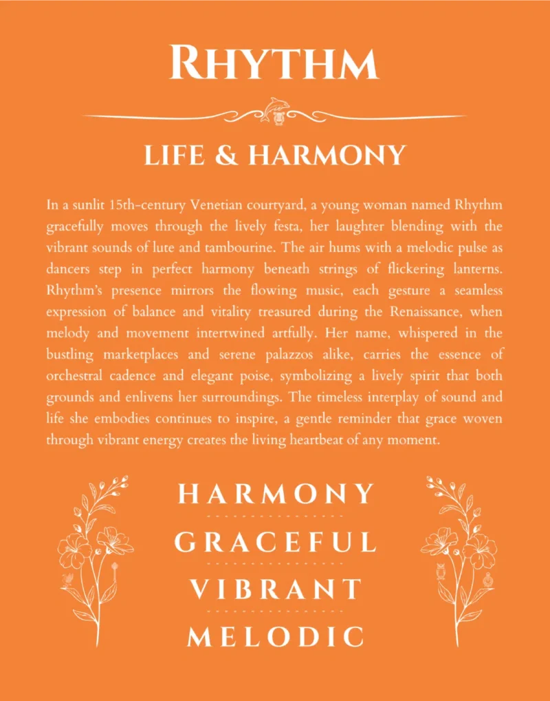 Rhythm name origin print with meaning and traits in orange