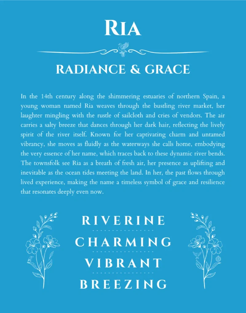 Ria custom name art showing meaning and origin in blue