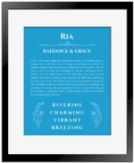Ria custom name art showing meaning and origin in blue with black matte frame
