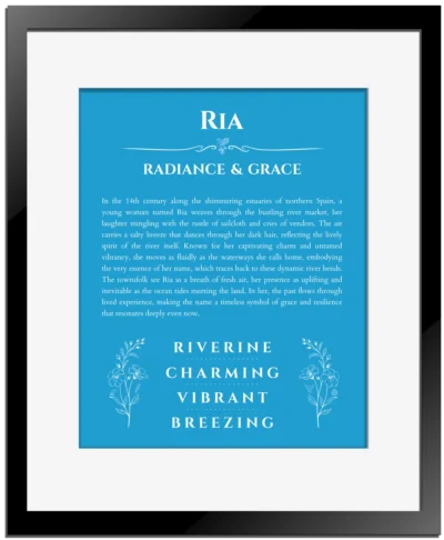 Ria custom name art showing meaning and origin in blue with black matte frame