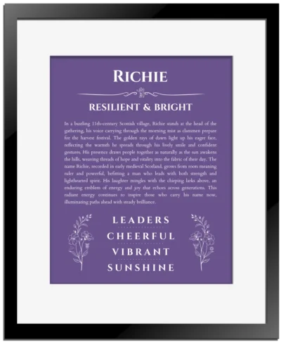 Richie name meaning wall art by Get Your Story in purple with black matte frame