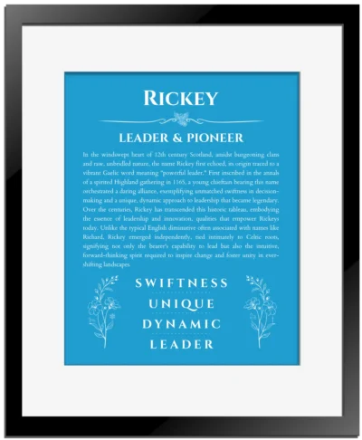 Rickey personalized name art with origin story in blue with black matte frame