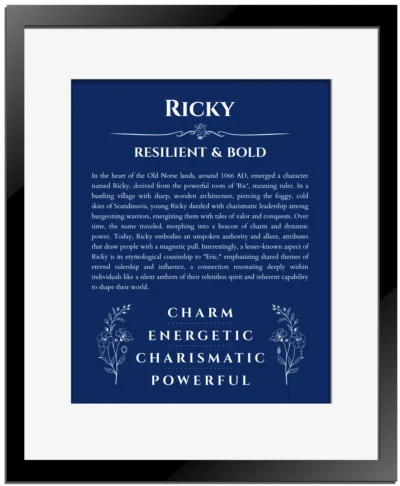 Ricky name meaning wall art by Get Your Story in deep blue with black matte frame