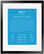 Rico personalized wall art with the story of your name in blue with black matte frame