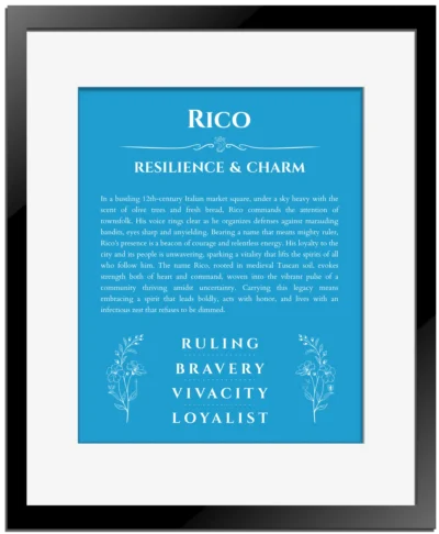 Rico personalized wall art with the story of your name in blue with black matte frame