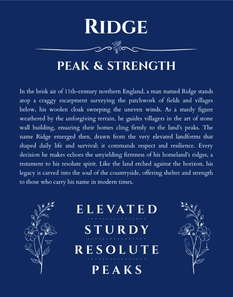 Ridge name origin print with meaning and traits in deep blue