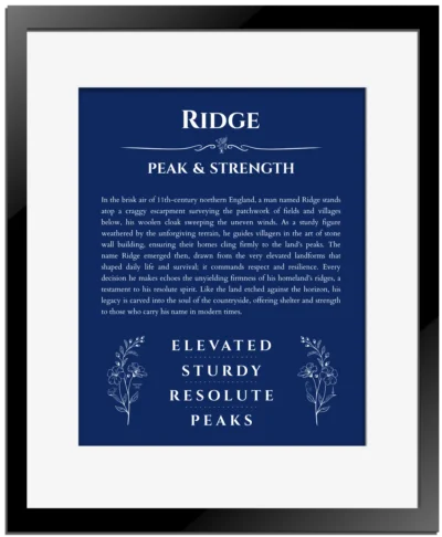 Ridge name origin print with meaning and traits in deep blue with black matte frame