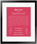 Riggin personalized wall art with the story of your name in red with black matte frame