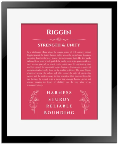 Riggin personalized wall art with the story of your name in red with black matte frame