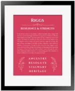Riggs personalized wall art with the story of your name in red with black matte frame