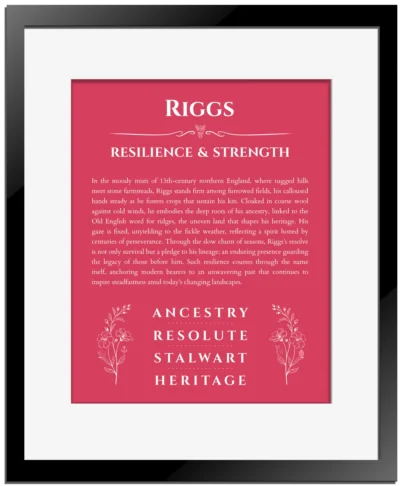 Riggs personalized wall art with the story of your name in red with black matte frame