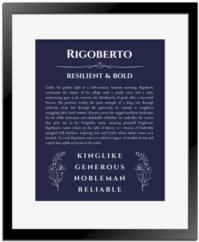 Rigoberto personalized name meaning print in navy blue with black matte frame