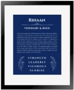 Rihaan custom name art showing meaning and origin in deep blue with black matte frame
