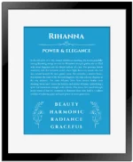 Rihanna personalized wall art with the story of your name in blue with black matte frame