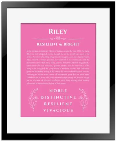 Riley personalized name meaning print in pink with black matte frame