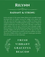 Rilynn personalized name print with origin and traits in dark green