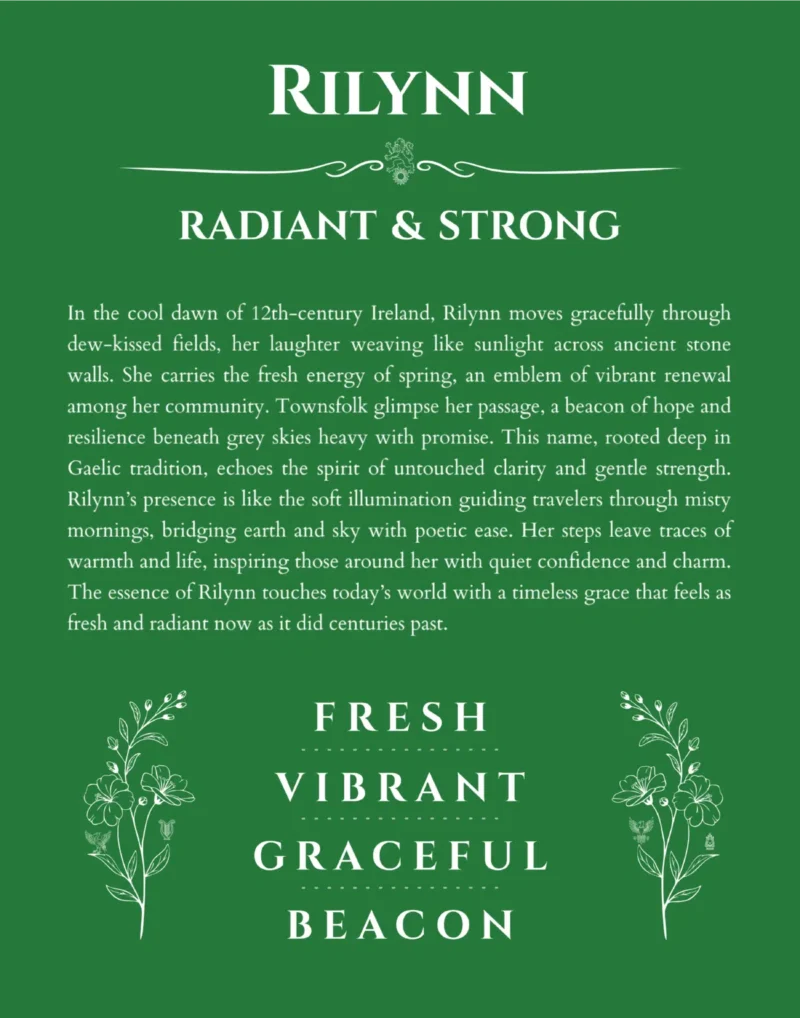 Rilynn personalized name print with origin and traits in dark green