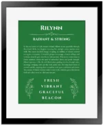 Rilynn personalized name print with origin and traits in dark green with black matte frame