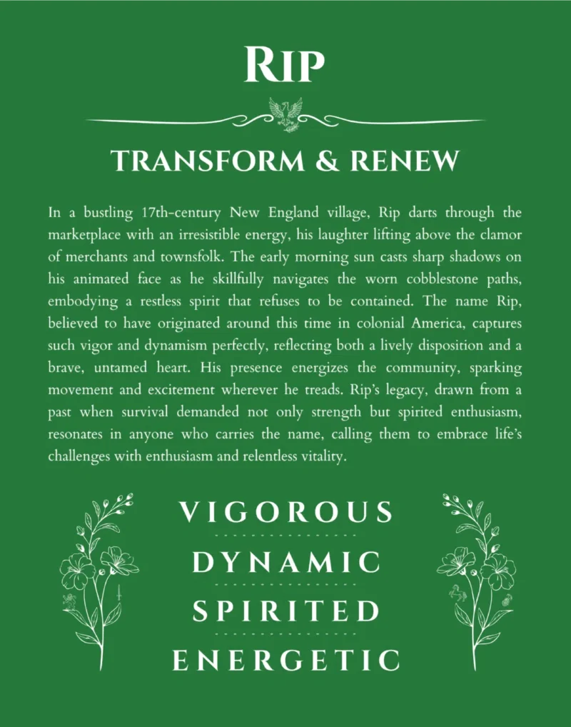 Rip personalized name art with origin story in dark green