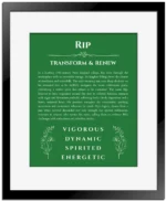 Rip personalized name art with origin story in dark green with black matte frame