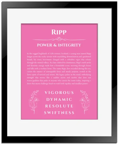 Ripp name meaning gift print in pink with black matte frame