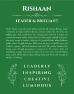 Rishaan custom name art showing meaning and origin in dark green