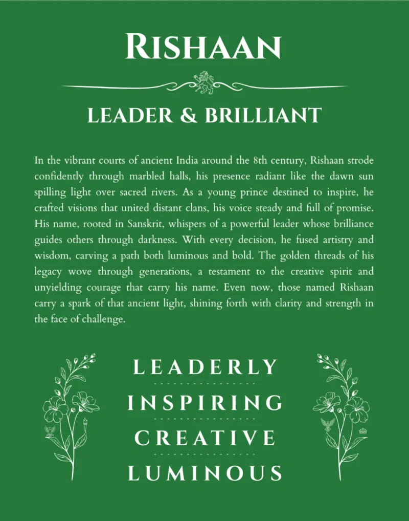 Rishaan custom name art showing meaning and origin in dark green