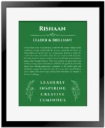 Rishaan custom name art showing meaning and origin in dark green with black matte frame